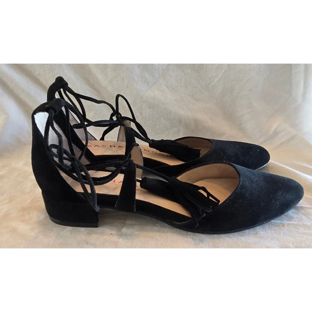 Sacha London Black Suede Lace Up Tassel Ballet Flats Size 6.5